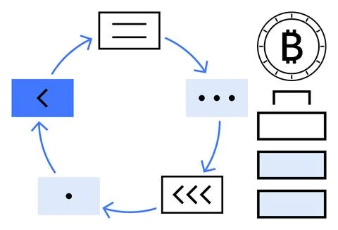 Circular flow chart with arrows connecting six elements, including Bitcoin sy 스톡 일러스트
