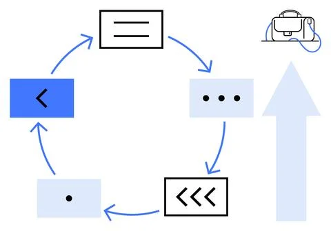Circular flow chart with arrows connecting diagrams and symbols, including a  스톡 일러스트