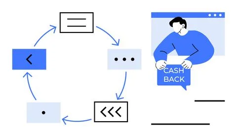 Circular Flowchart with Cashback Concept Featuring a Person in Blue 스톡 일러스트