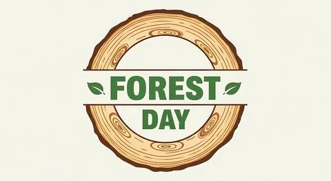 Circular forest day logo design featuring wood grain texture and green leav.. Stock Illustration