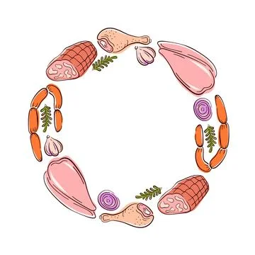 Circular frame of assorted meat product, sausage, ham, chicken, drumstick Stock Illustration