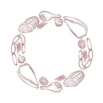 Circular frame of assorted meat product, sausage, ham, chicken, drumstick Stock Illustration