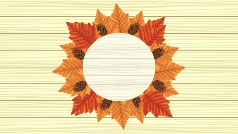 Circular frame of autumn leaves and pinecones spins on wooden background, s.. Stock Footage 333292916