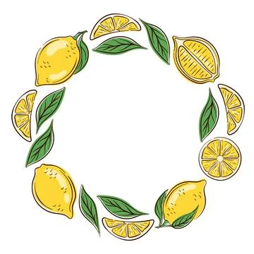 Circular frame border made of fresh lemon slices and green leaves arranged in Stock Illustration