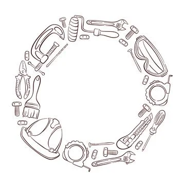 Circular frame border made of line art style construction and repair tool on Stock Illustration