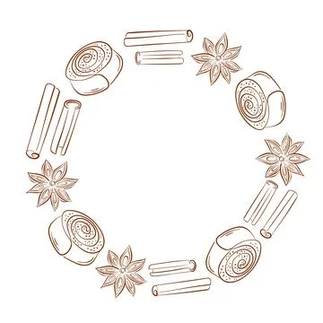 Circular frame border made of line art style cinnamon bun, sticks and star anise Stock Illustration
