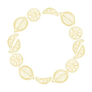 Circular frame border made of line art style lemon slices on white background Stock Illustration