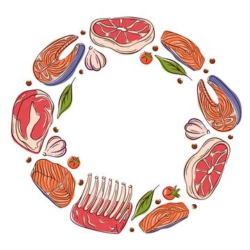 Circular frame border with raw meat cuts, salmon steaks, beef, ribs,, garlic Stock Illustration
