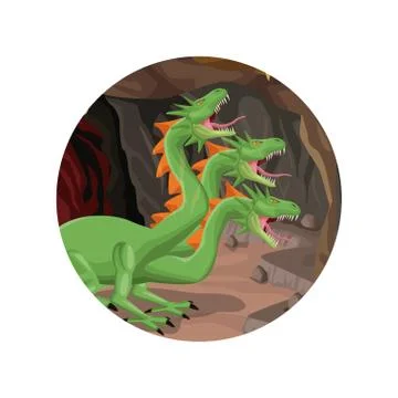 Circular frame with cave interior scene and hydra mythological creature Stock Illustration