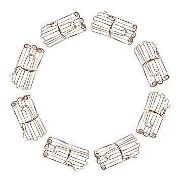 Circular frame with cinnamon stick bundle in line art style. Spice illustration Stock Illustration