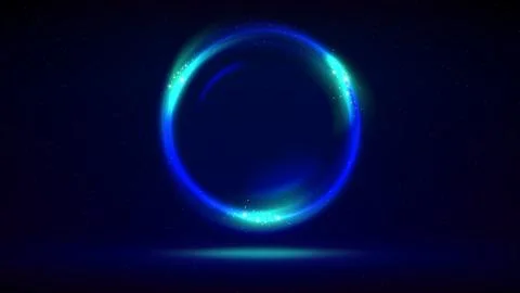 Circular frame on dark background. Cyan blue glowing circle. Shining light ring Stock Illustration