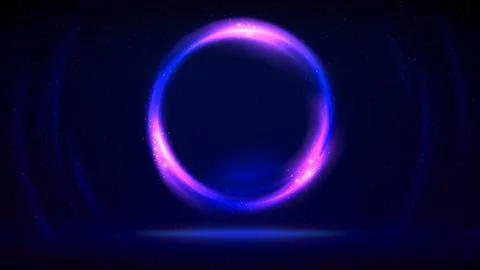 Circular frame on dark background. Pink blue purple glowing circle. Shining ring Stock Illustration
