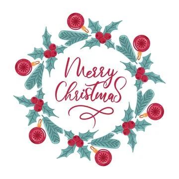 Circular frame featuring a Christmas wreath of holly and baubles, creating a Stock Illustration