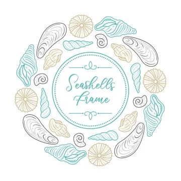 A circular frame featuring a detailed contour illustration of seashells, sh.. Stock Illustration