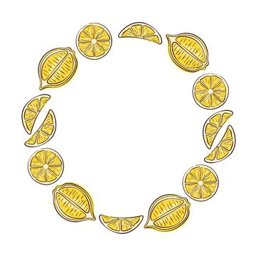 Circular frame of flat style lemon slice on white background for food package. Stock Illustration