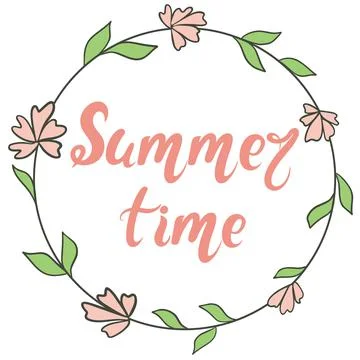 Circular frame with flowers sheets and lettering, vector. イラスト素材