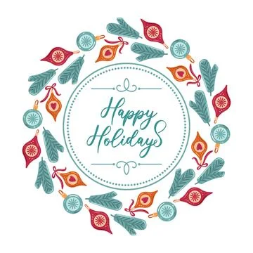 Circular frame formed by a Christmas tree ornament wreath, creating a festive Stock Illustration