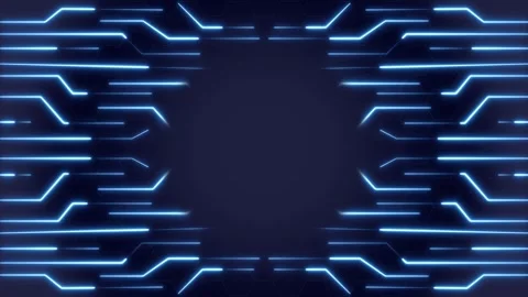 Circular frame forms from pulsing blue neon digital hardware traces. Abstra.. Stock Footage 338240235