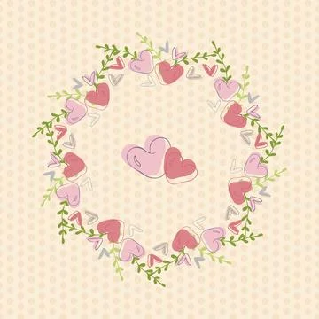 Circular frame with hearts and leaves on dotted background Stock Illustration