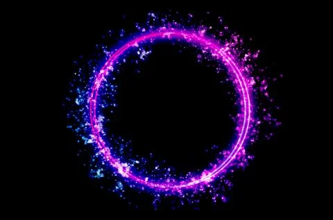 The circular frame is a neon light surrounded by sparkling stars. Stock Illustration