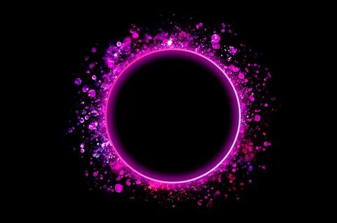 The circular frame is a neon light surrounded by sparkling stars. Stock Photos