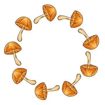 Circular frame with orange Autumn Skullcap mushroom in cartoon style. Decorative Stock Illustration