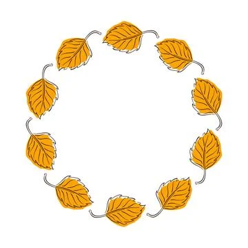 Circular frame of orange Birch leaves in flat style isolated on white background Stock Illustration