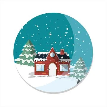Circular frame with panoramic view of house and pine trees with snow falling Illustrazione stock