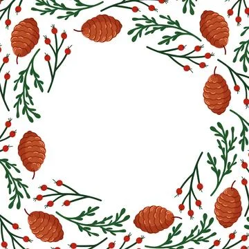 Circular frame with pine cone, red berry rowan and green branch on a white Stock Illustration