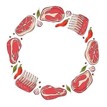 Circular frame of raw meat cut, steak, ribs with herbs, pepper, garlic and Stock Illustration