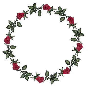 Circular frame with red roses. Freehand drawing, concept. Vector circle. For Illustrazione stock