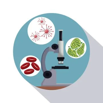 Circular frame shading of poster closeup microscope with icons of globules and 스톡 일러스트