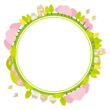 Circular frame of spring cityscape with cherry blossoms Stock Illustration