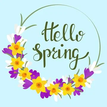 Circular frame with spring flowers and text. Hello Spring. Vector. イラスト素材