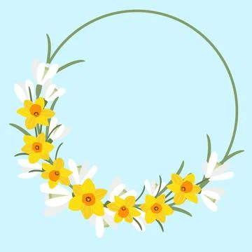 Circular frame with spring flowers. Round frame with snowdrops daffodils. Stock Illustration
