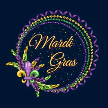 Circular frame with strings of beads, feather, fleur de lis sign, text. Stock Illustration