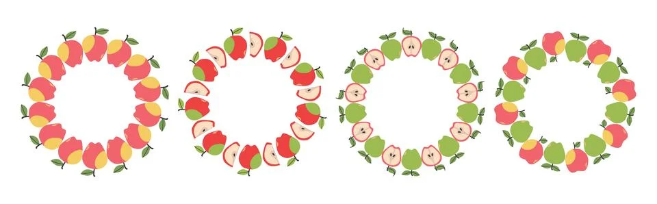 Circular fruit frame set with apple design and copy space. Hand drawn doodl.. Stock Illustration
