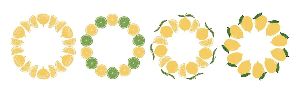 Circular fruit frame set with lemon design and copy space. Hand drawn doodl.. Stock Illustration