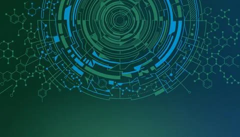 Circular futuristic interface with complex electronic pathways and molecula.. Stock Illustration