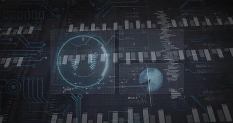 Circular gauge display showing realtime data, floating over dark grid with bar Stock Footage 307434204