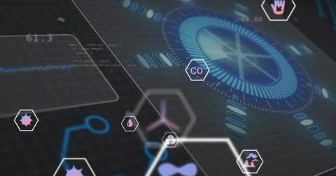 Circular gauge displaying glowing segments tick marks on virtual screen with  Stock Illustration