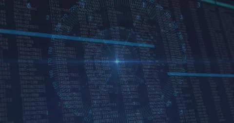 Circular gauge rotating on software interface, with redacted code columns, lens Stock Photos