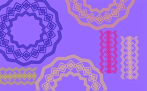 Circular Geometric Mandala Design With Zigzag Borders On Purple Background. 库存插图