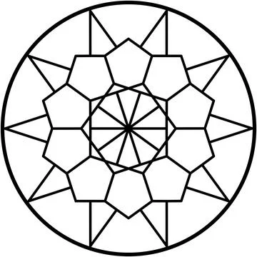 Circular geometric pattern with nested pentagons and radiating lines. Stock Illustration