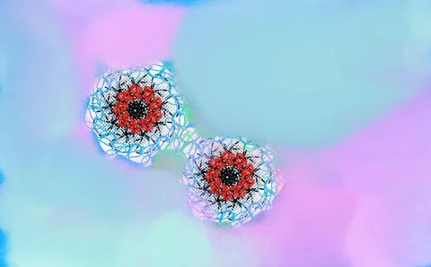 Circular geometric structures with red blue green layers on pastel background Stock Illustration