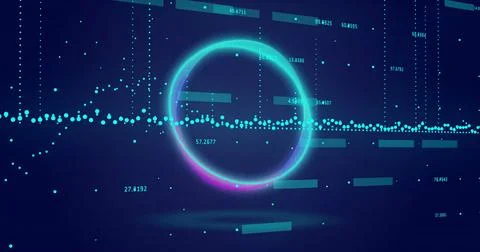 Circular glowing ring and data points with numerical values, data visualization Stock Photos