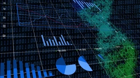 Circular glyph appearing, data display growing bars, rolling pies, forming Stock Footage 335651959