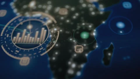 Circular gold bar chart overlays an illuminated African map Stock Footage 342486316