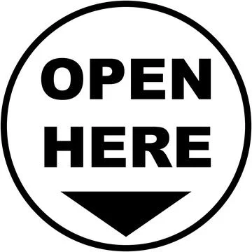 Circular graphic indicating where to open, featuring bold text. Stock Illustration