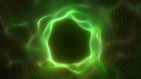 Circular green vortex made of digital particle streams forming a dense and .. Illustrazione stock